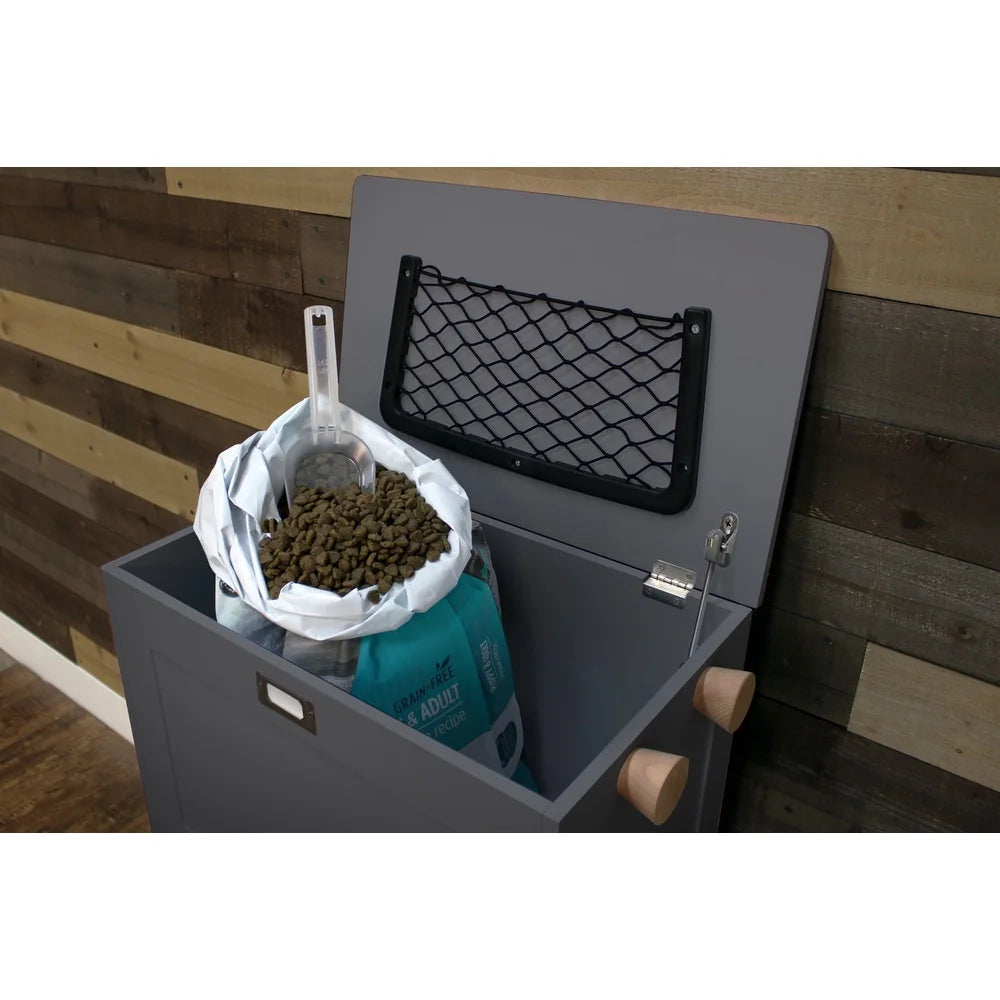 Scandinavian Pet Feeder Station with Raised Storage Non-Slip Bowls Leash Hooks Adjustable Height Suitable Dogs Cats