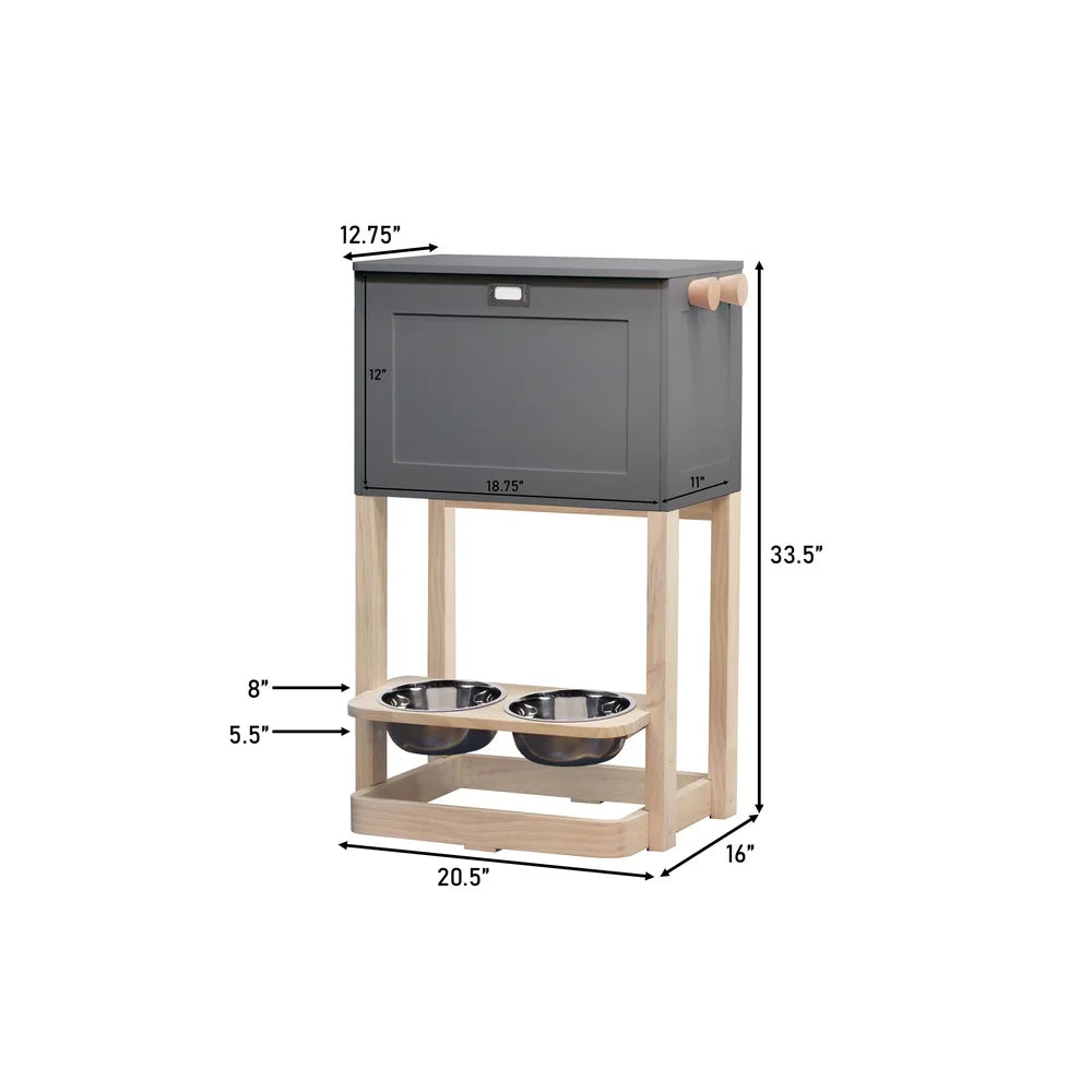 Scandinavian Pet Feeder Station with Raised Storage Non-Slip Bowls Leash Hooks Adjustable Height Suitable Dogs Cats