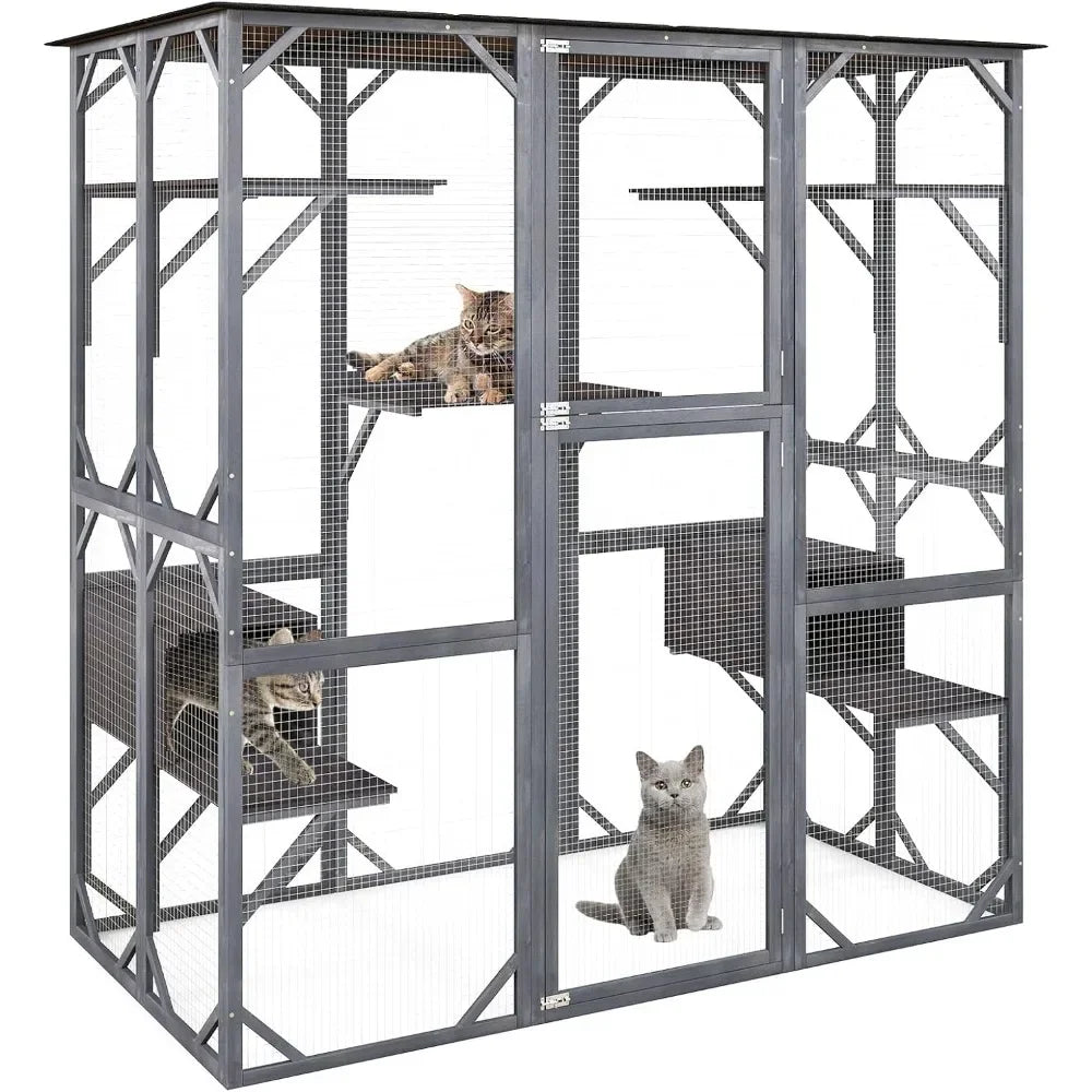Outdoor Cat Enclosure Large, 71 Inch Outdoor Cat House Weatherproof with Asphalt Roof, Wooden Cat Cage Playpen