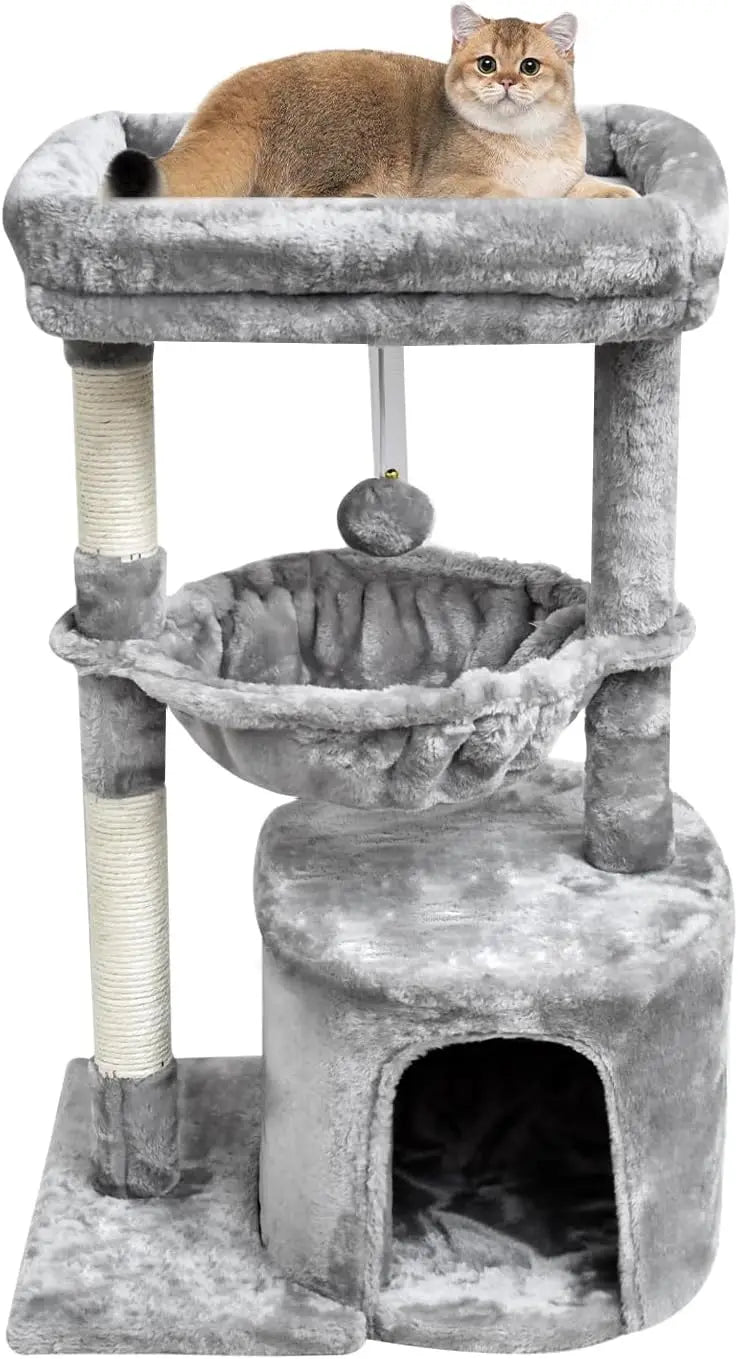 Small Cat Tree for Indoor Cats, Kittens Condo with Scratching Post and Board, Modern Activity Tower with Cradle