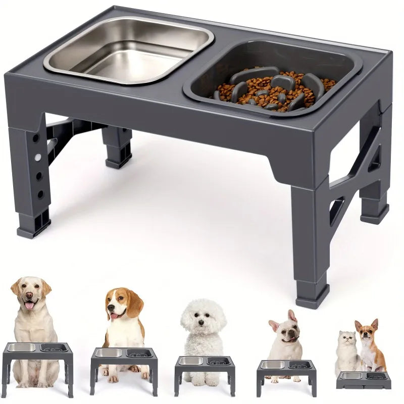 5-in-1 Adjustable Dog Food Bowl - Raised Feeder from 3.15" to 12.2" for Small to Large Dogs, Includes Slow Feed Insert