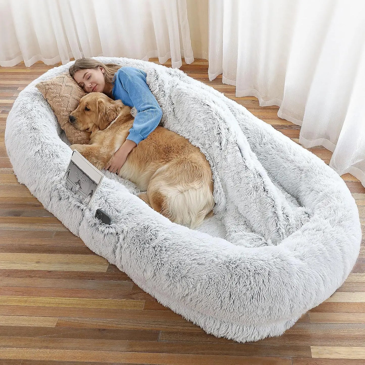 Human Dog Bed 71x45x12", Washable Faux Fur, Orthopedic with Pillow & Blanket, Grey