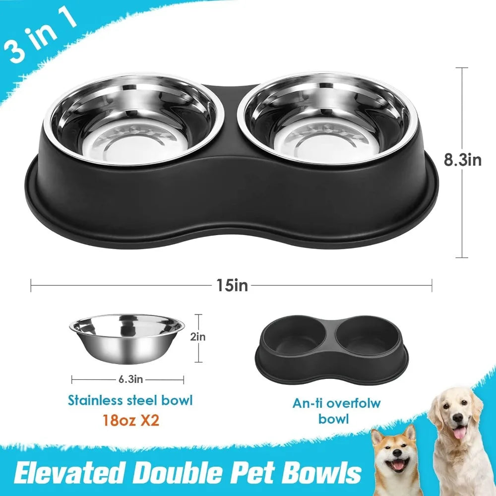 Dog Bowls Double Dog Water and Food Bowl Stainless Steel Bowl with Non-Slip Resin Station, Pet Feeder Bowls for Puppy Medium Dog
