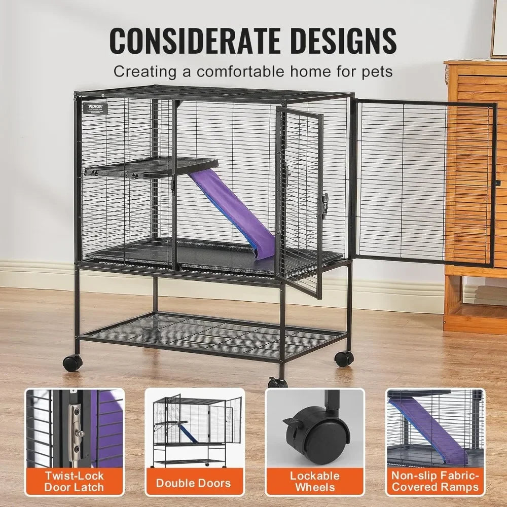 39 Rolling Metal Ferret Cage, Large 2-Tier Critter Nation Cage, Small Animal Cage with Ramps & Tray, Easy to Set up