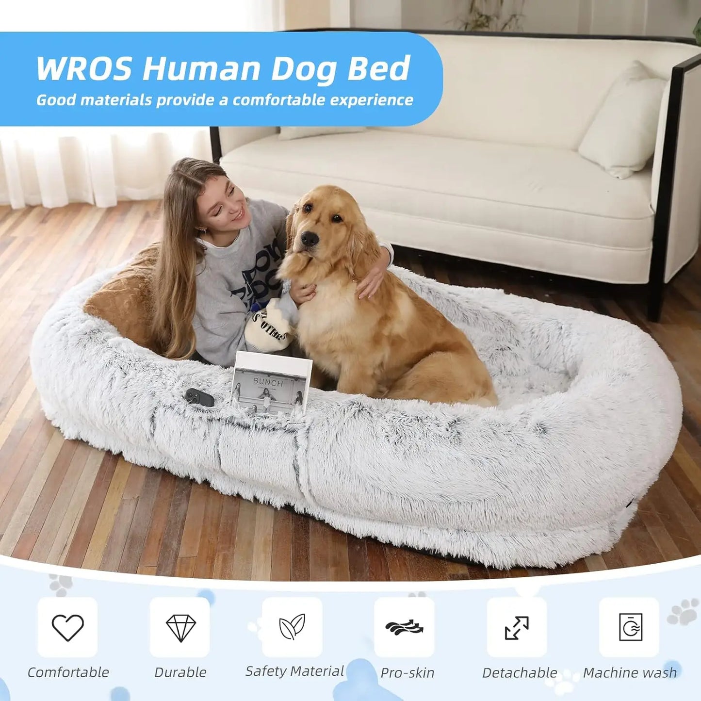 Human Dog Bed 71x45x12", Washable Faux Fur, Orthopedic with Pillow & Blanket, Grey