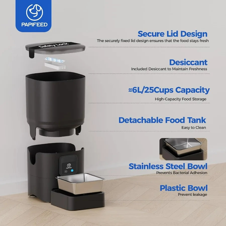2.4G WiFi Automatic Cat Feeder with APP Control for Remote Feeding 6L Capacity and 25Cup Storage Detachable Design for Easy Cle
