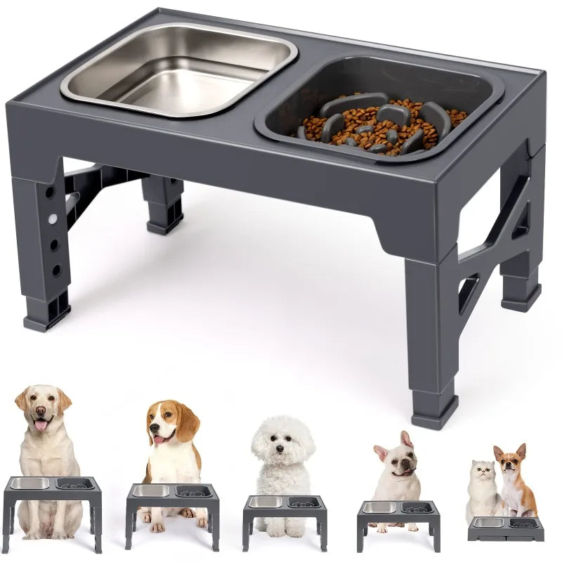 5-in-1 Adjustable Dog Food Bowl - Raised Feeder from 3.15" to 12.2" for Small to Large Dogs, Includes Slow Feed Insert