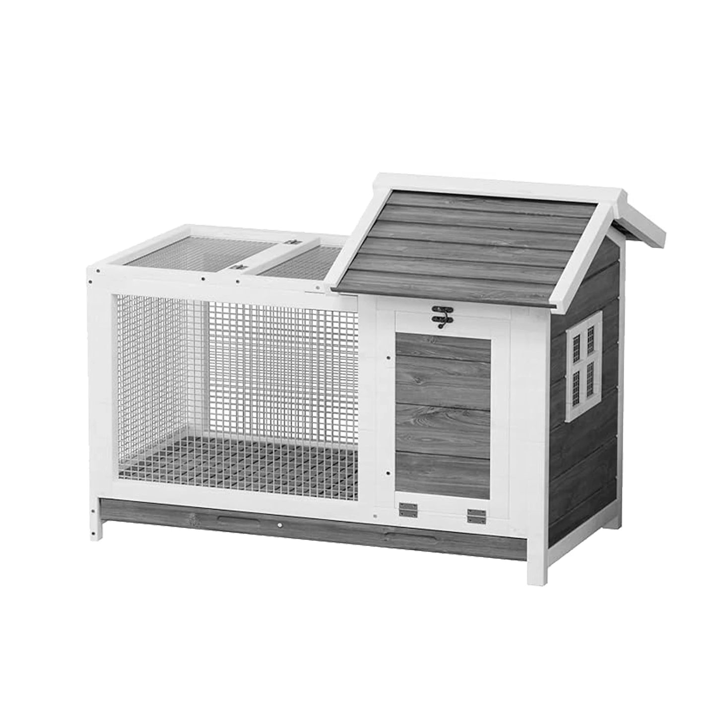 Weatherproof Wooden Rabbit Cage with Metal Frame Ramp, Removable Wire Netting & Tray, for Small Animals Coop House