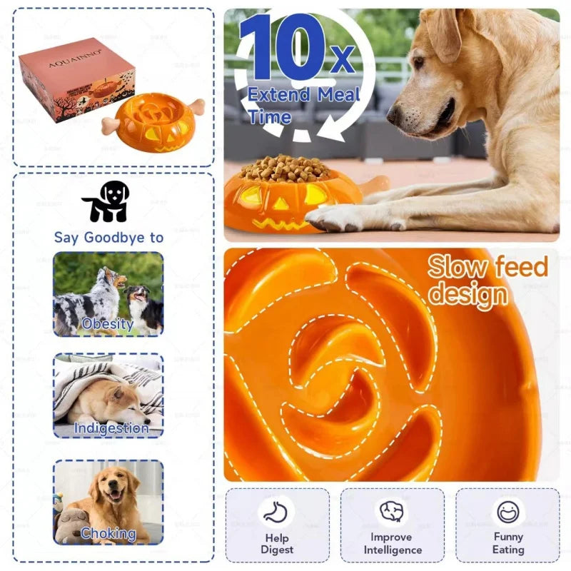 Dog Bowls Slow Feeder Ceramic, Pumpkin-Shaped & Bone Handle Design,1.5 Cups Small Medium, Slow Feeder Fast Eater,