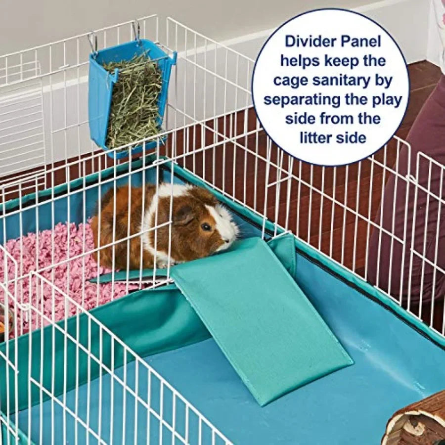 Expandable small animal cage with divider panel and hinged top for guinea pigs featuring washable PVC canvas bottom ideal for m