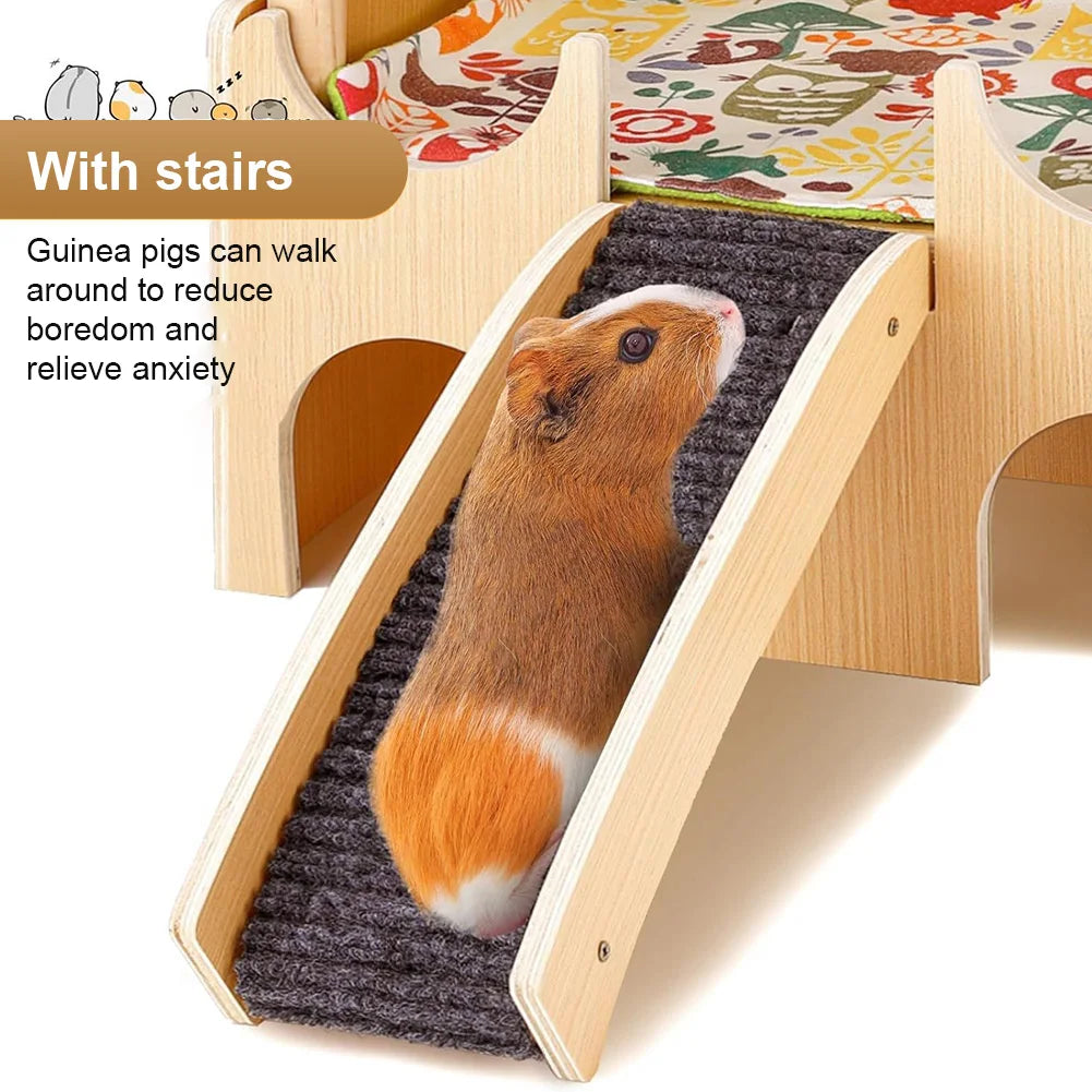 2-Tier Guinea Pig Castle Wooden Small Animal House with Stairs Guinea Pigs House for Hamsters Bunny Chinchillas Playing Hiding
