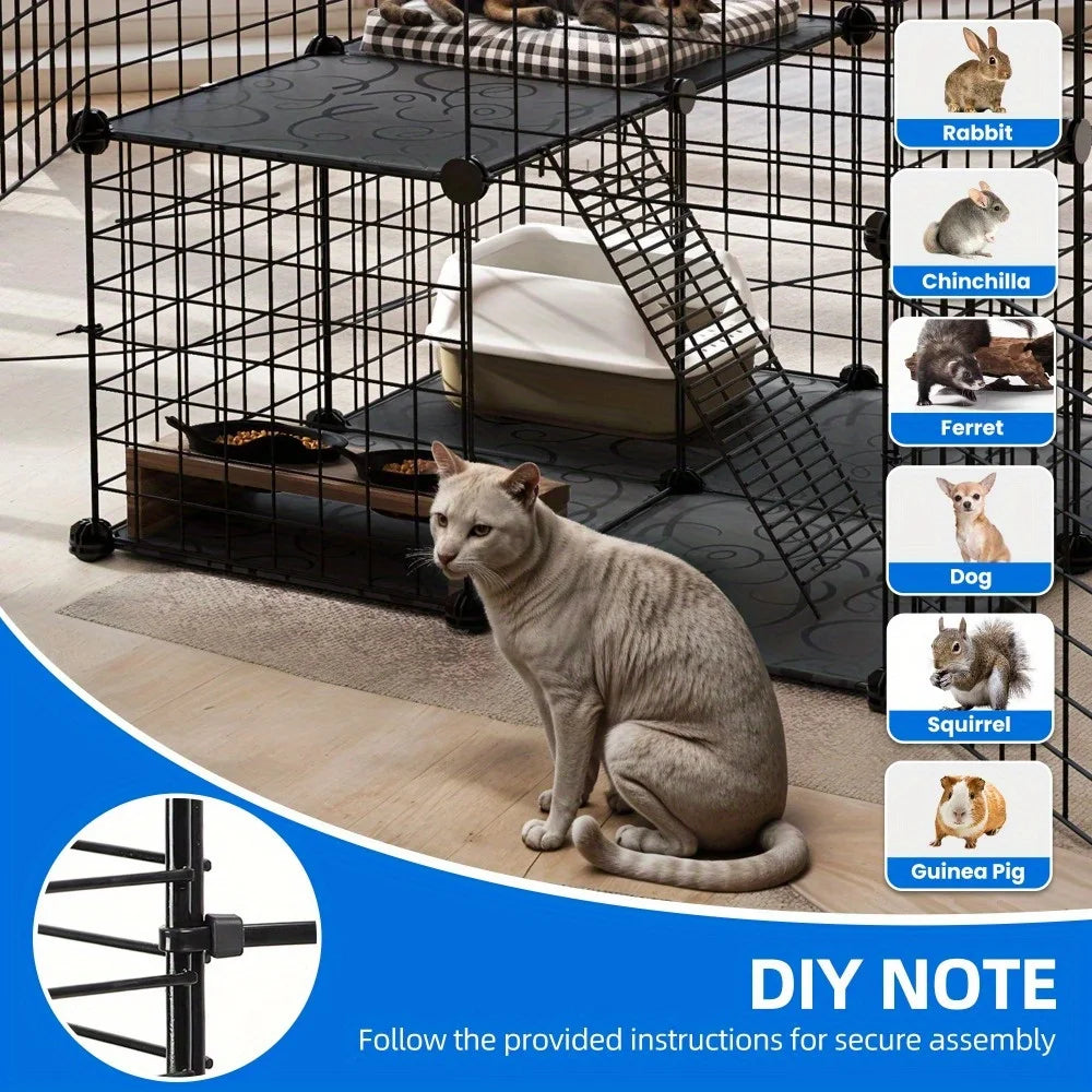 28" Cat Cage, 2 Tier Indoor Cat Enclosures, DIY Cat Playpen Metal Kennel for 1-2 Cats, 28"L x 28"W x 28"H, Black