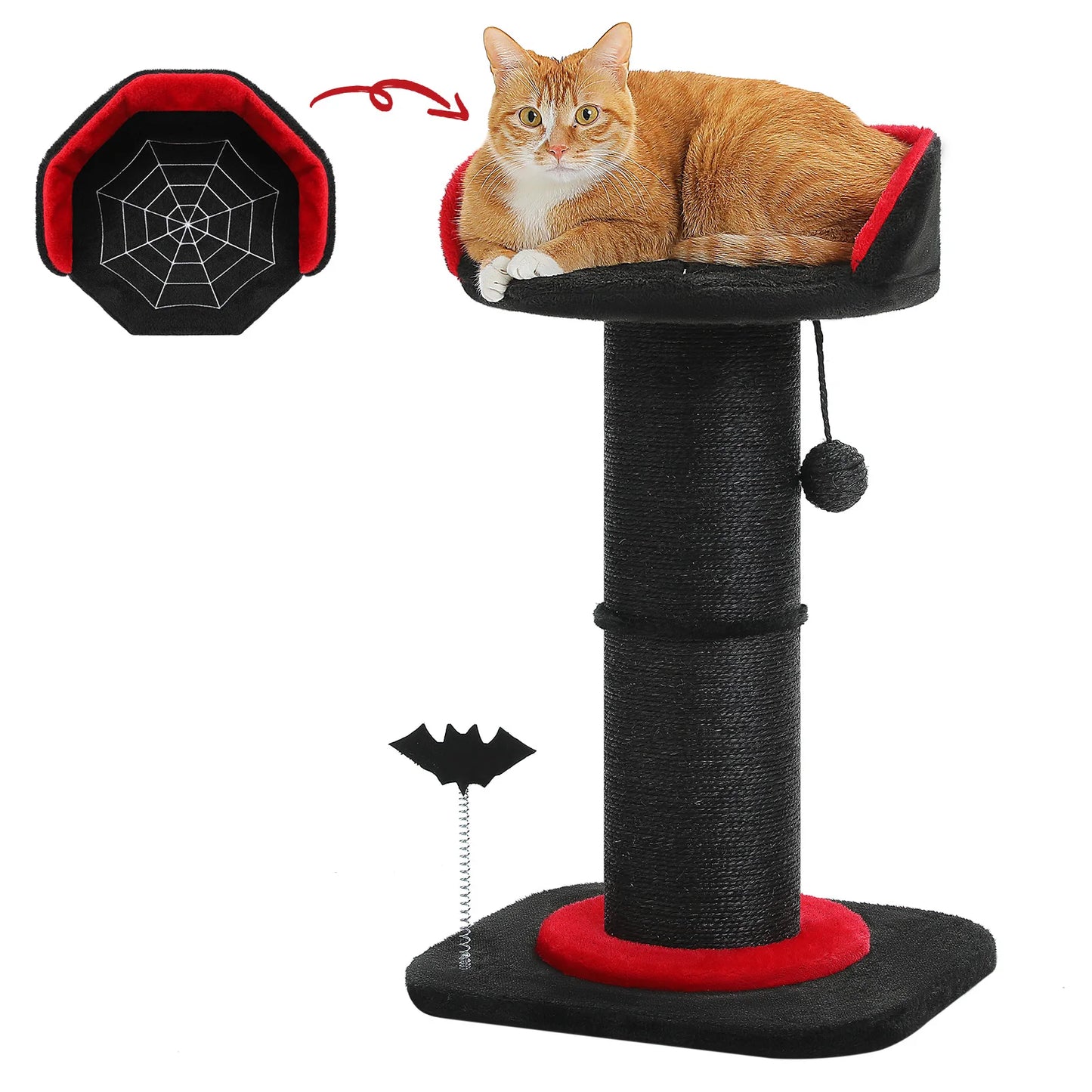 Stable Black Gothic Cat Scratching Post with Super Thick Scratching Post,Removable Spiderweb Pattern Cat Bed,Spring Ball,Cat Toy
