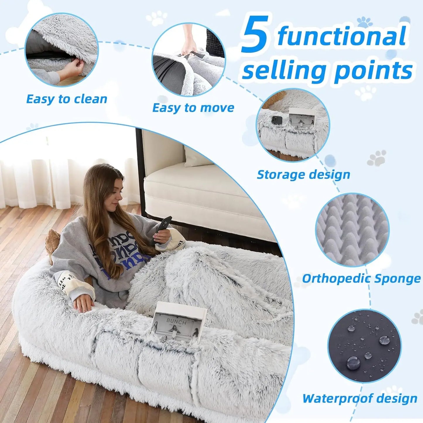 Human Dog Bed 71x45x12", Washable Faux Fur, Orthopedic with Pillow & Blanket, Grey