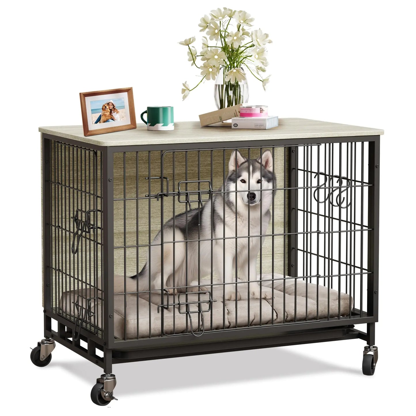 Heavy Duty Metal Dog Crate, Indoor Outdoor Pet Kennel Cage with Shelves, Storage Cabinet, Modern Decorative Dog Cage Furniture,