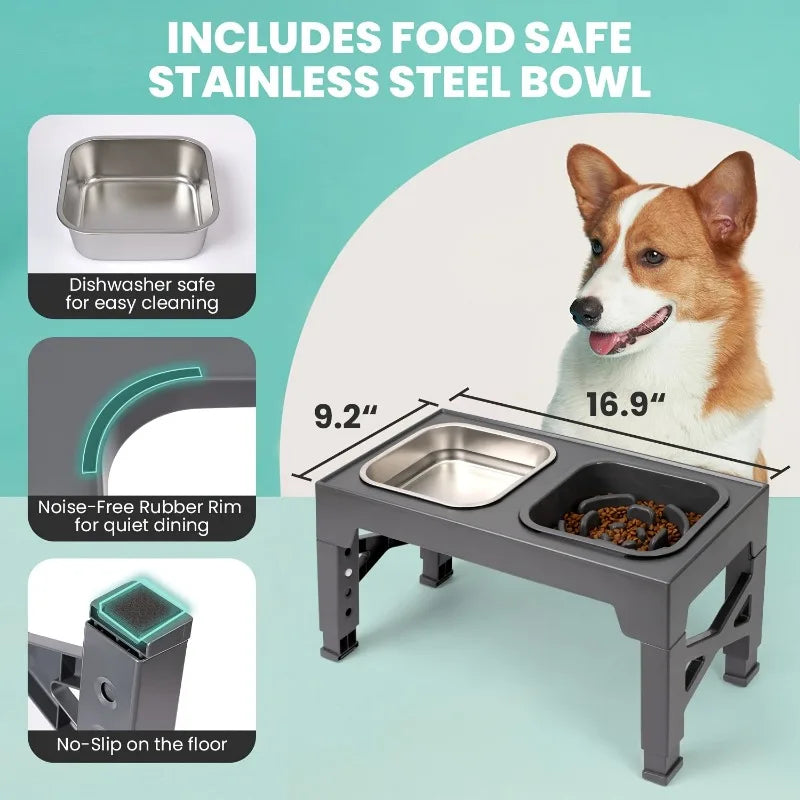 5-in-1 Adjustable Dog Food Bowl - Raised Feeder from 3.15" to 12.2" for Small to Large Dogs, Includes Slow Feed Insert