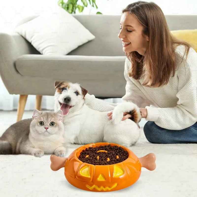 Dog Bowls Slow Feeder Ceramic, Pumpkin-Shaped & Bone Handle Design,1.5 Cups Small Medium, Slow Feeder Fast Eater,