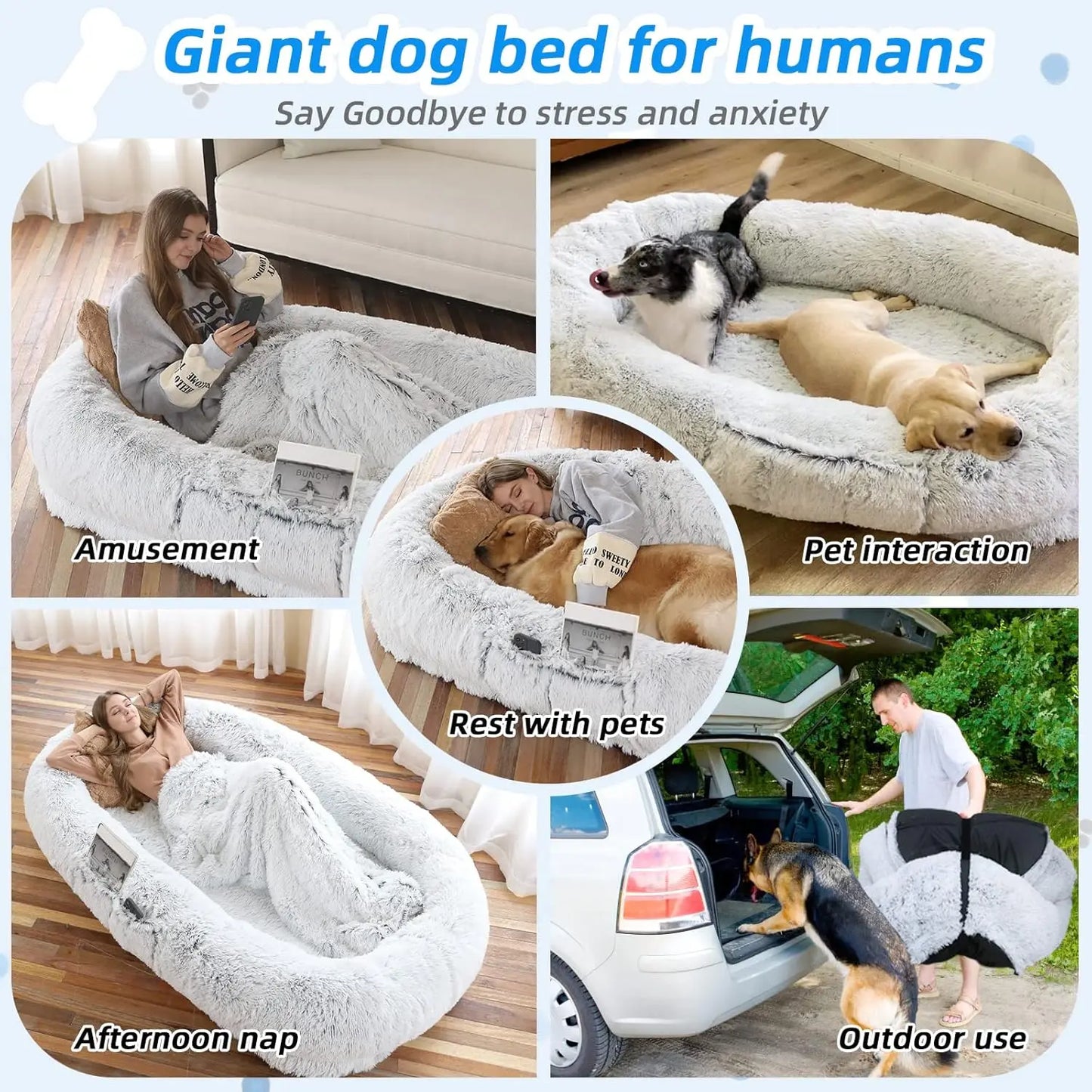 Human Dog Bed 71x45x12", Washable Faux Fur, Orthopedic with Pillow & Blanket, Grey