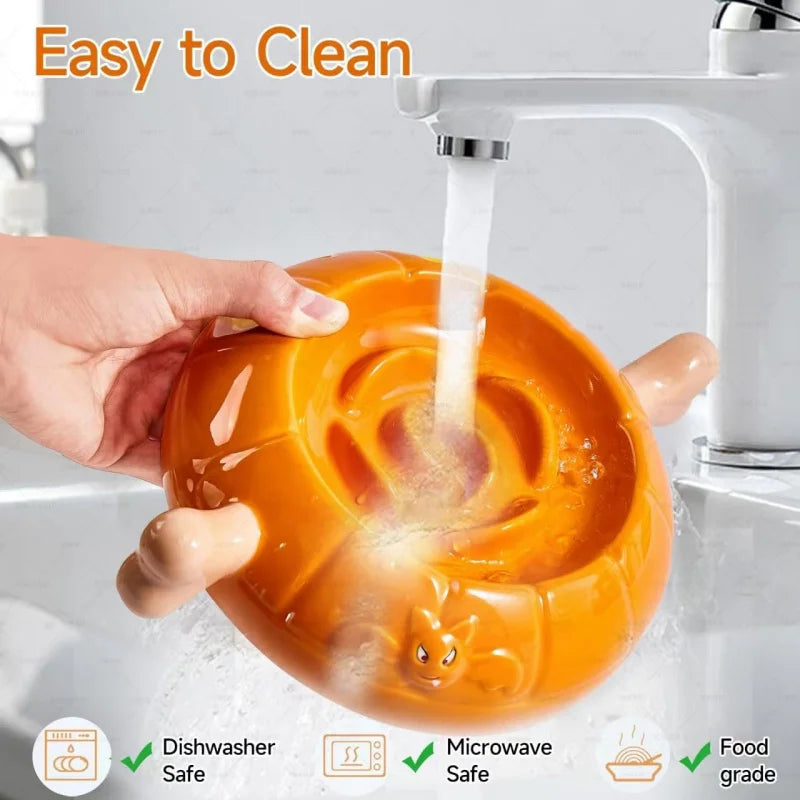 Dog Bowls Slow Feeder Ceramic, Pumpkin-Shaped & Bone Handle Design,1.5 Cups Small Medium, Slow Feeder Fast Eater,