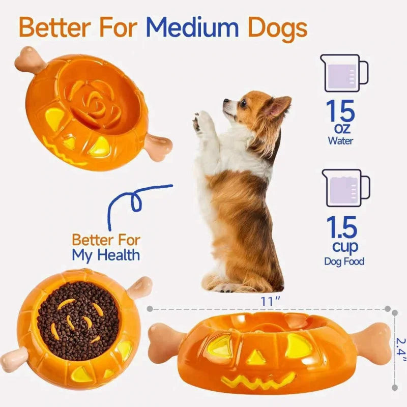 Dog Bowls Slow Feeder Ceramic, Pumpkin-Shaped & Bone Handle Design,1.5 Cups Small Medium, Slow Feeder Fast Eater,