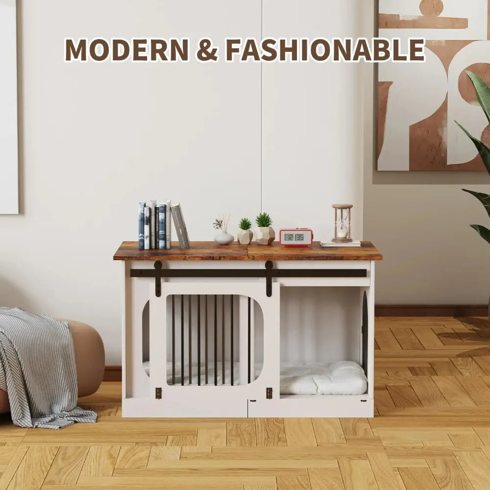 XL Dog Kennel Furniture,39.4 Inch Farmhouse Crate Furniture with Cushion Decorative White Dog Kennel Indoor Thick Wooden