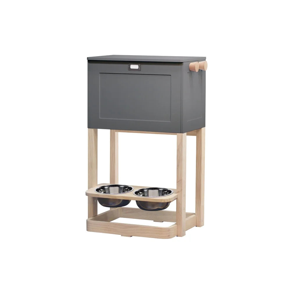 Scandinavian Pet Feeder Station with Raised Storage Non-Slip Bowls Leash Hooks Adjustable Height Suitable Dogs Cats