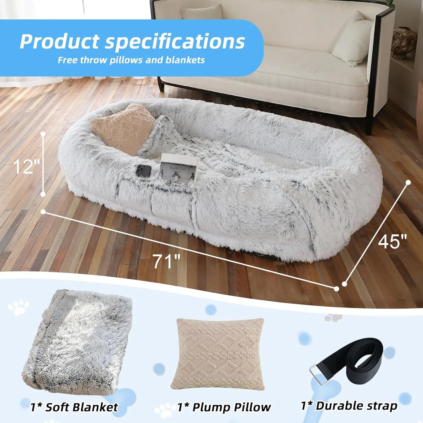 Human Dog Bed 71x45x12", Washable Faux Fur, Orthopedic with Pillow & Blanket, Grey