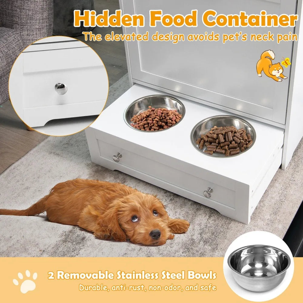 Pet Feeding Station Furniture w/ Double Pull Out Dog Bowl Food Cabinet White