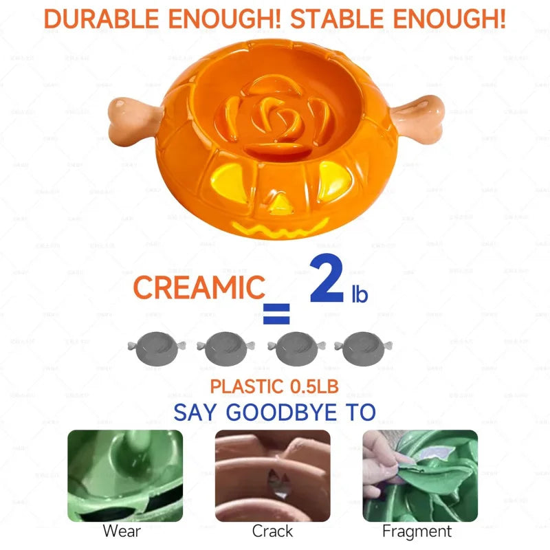 Dog Bowls Slow Feeder Ceramic, Pumpkin-Shaped & Bone Handle Design,1.5 Cups Small Medium, Slow Feeder Fast Eater,