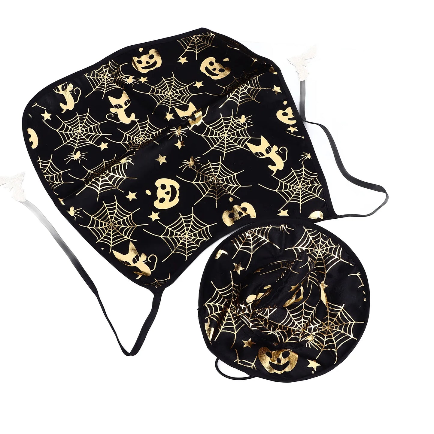 Pet Halloween Costumes Pumpkin Spiderweb Pattern Cape Set Polyester Adjustable Mysterious Pet Cloak and Hat Set for Parties