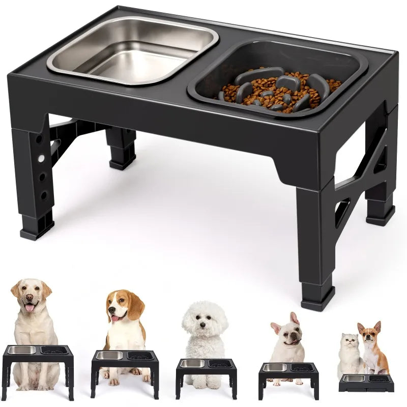 5-in-1 Adjustable Dog Food Bowl - Raised Feeder from 3.15" to 12.2" for Small to Large Dogs, Includes Slow Feed Insert