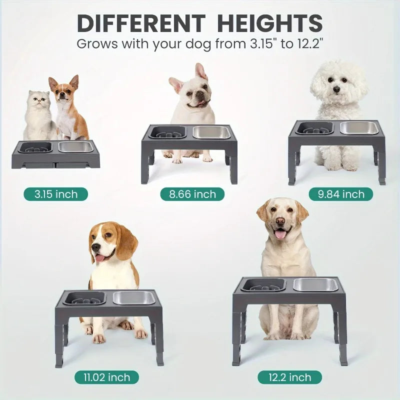 5-in-1 Adjustable Dog Food Bowl - Raised Feeder from 3.15" to 12.2" for Small to Large Dogs, Includes Slow Feed Insert