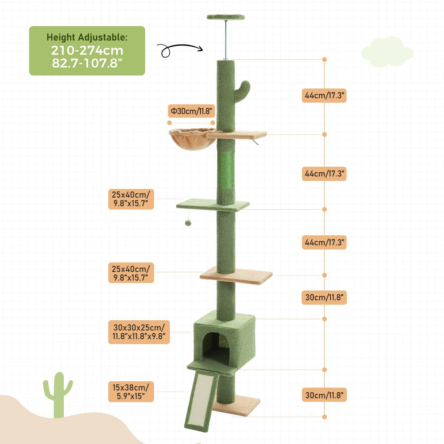 Cactus Cat Tree Floor to Ceiling Cat Tower with Sisal Scratching Post,Comfortable Hammock for Multi-Cat Homes,Cat Accessories