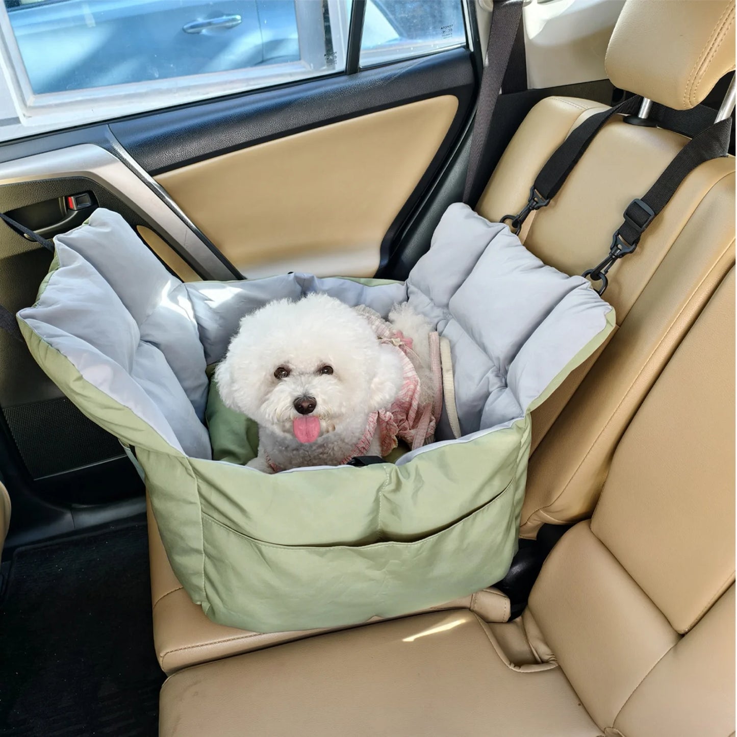 Ultra Soft Dog Car Seat for Small Dogs up 22 lbs Pet Booster Travel Carrier Bed w/ Safety Belt and Storage Pockets, Black/Green