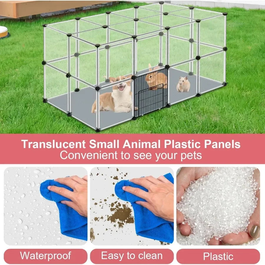 32 Panels Small Animal Playpen 48" x 32" x 24" Transparent Playpen with Waterproof Mat Plastic Enclosure Puppy Play Pen for Chi