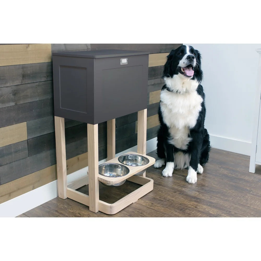 Scandinavian Pet Feeder Station with Raised Storage Non-Slip Bowls Leash Hooks Adjustable Height Suitable Dogs Cats