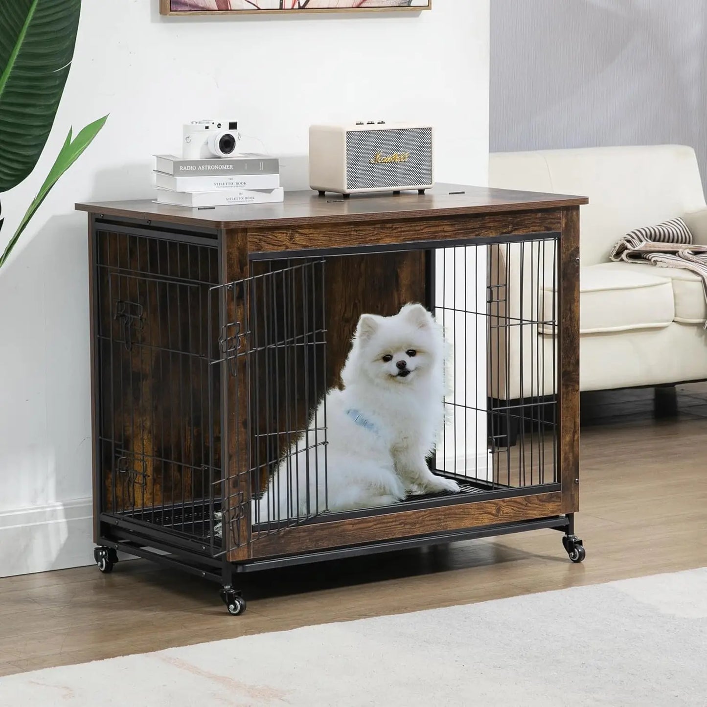 Rustic Dog Crate Furniture with Wheels 26in Small Heavy Duty Metal and Wood Dog Kennel Indoor Anti-Chew Pet Cage End Side Table
