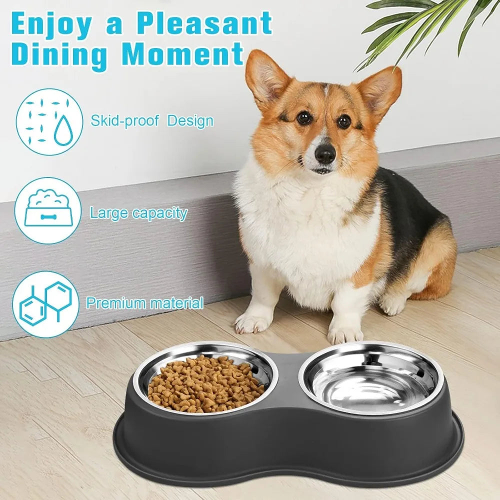 Dog Bowls Double Dog Water and Food Bowl Stainless Steel Bowl with Non-Slip Resin Station, Pet Feeder Bowls for Puppy Medium Dog