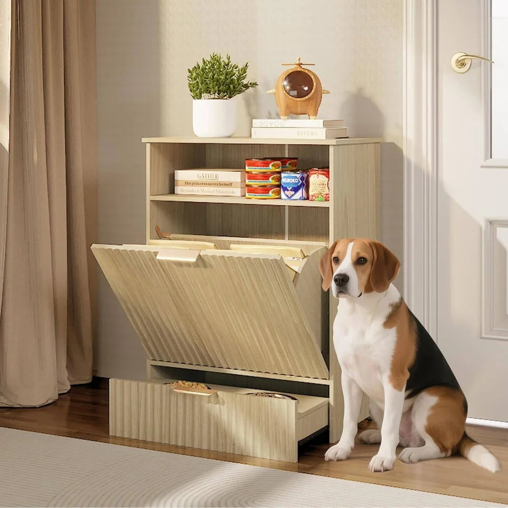 Elegant Dog Feeding Station with Elevated Bowls Storage Container Tilt-Out Food Cabinet Stylish Pet Feeder Supplies