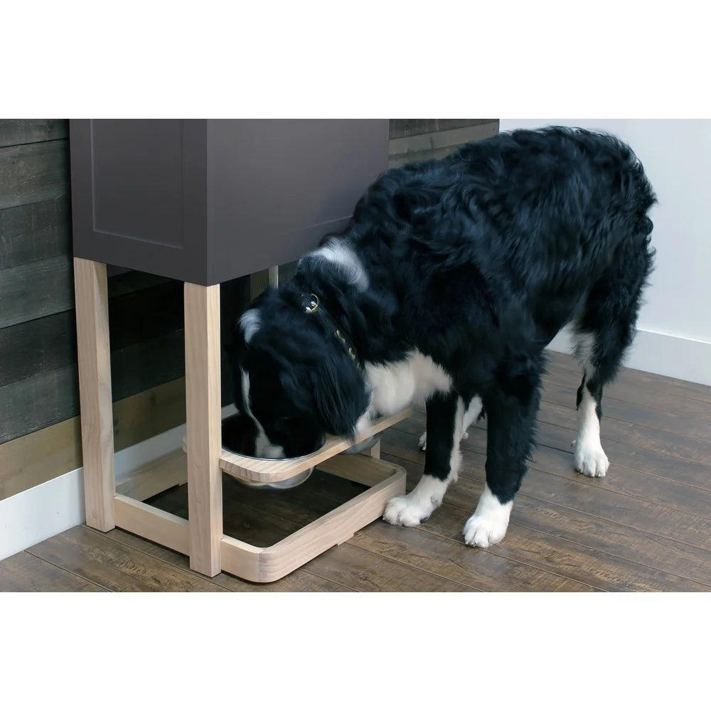 Scandinavian Pet Feeder Station with Raised Storage Non-Slip Bowls Leash Hooks Adjustable Height Suitable Dogs Cats
