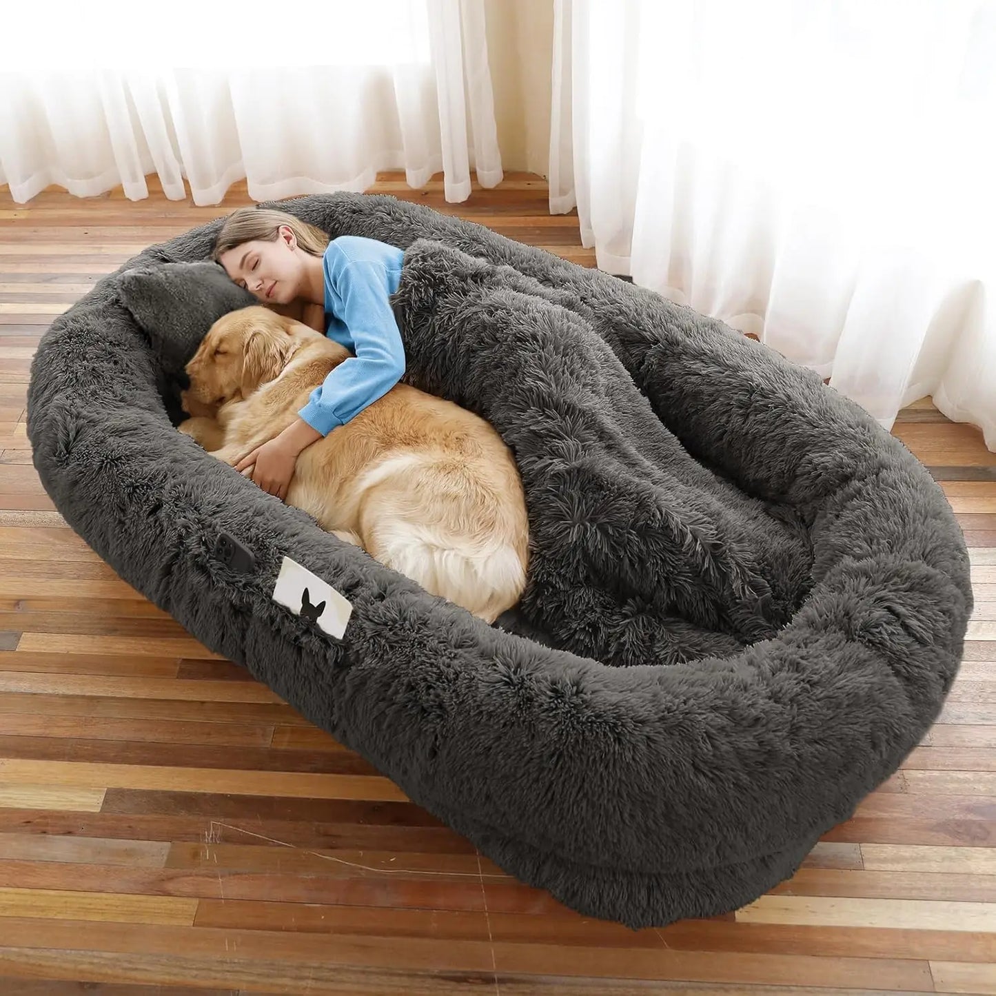 Human Dog Bed 71x45x12", Washable Faux Fur, Orthopedic with Pillow & Blanket, Grey