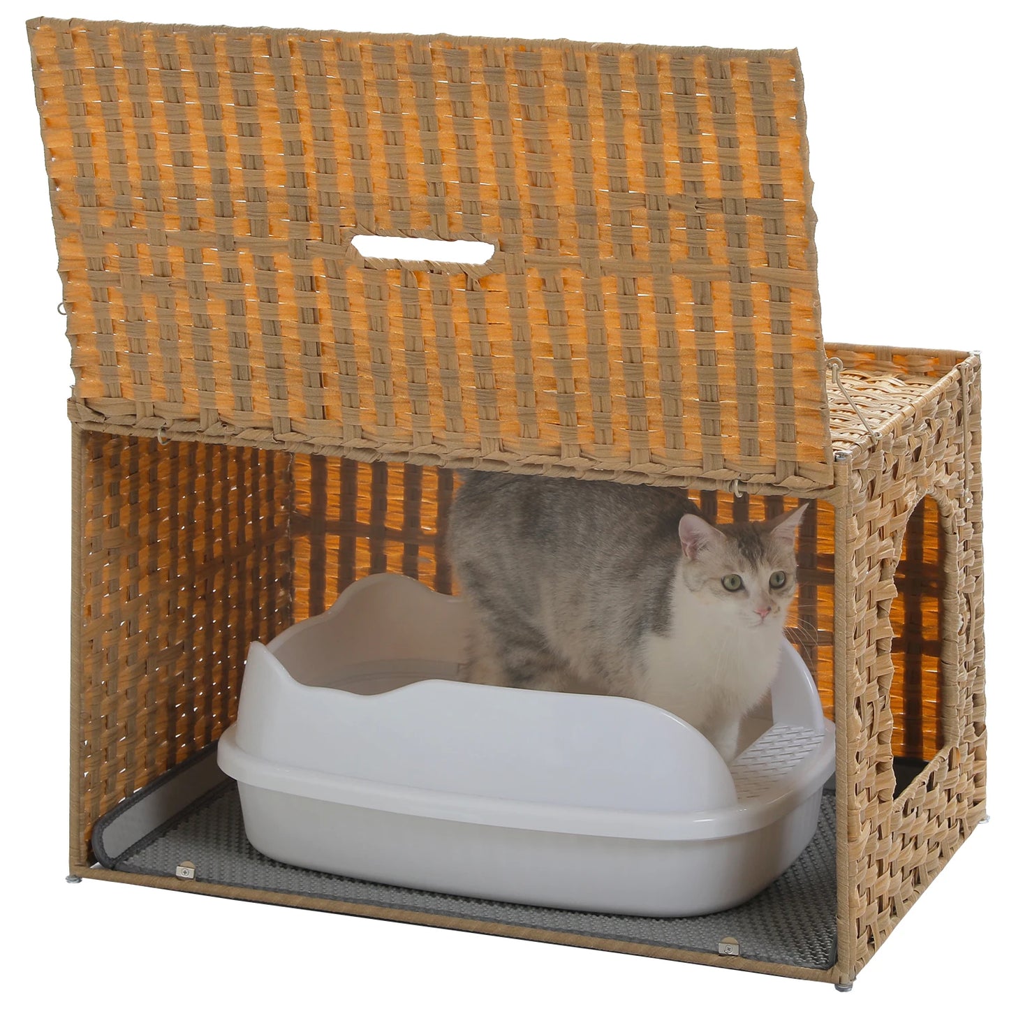 Rattan Cat Litter Box Enclosure Furniture with Door, Handwoven Rattan Hidden Litter Box Living Room Odor Control, Cat House Bed