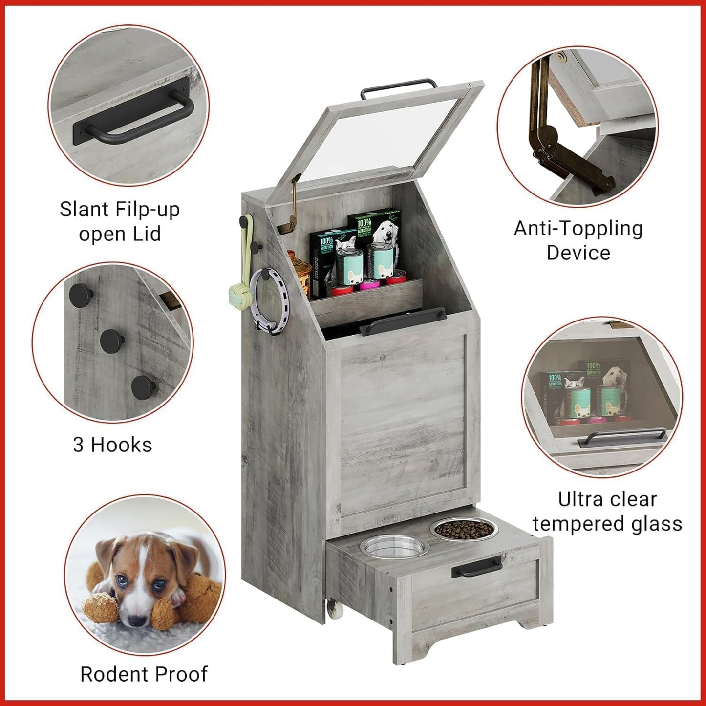 Dog Food Station with Storage,Pet Feeding Station with Raised Bowls,Dog Food Storage Cabinet with Hanger for Feeding