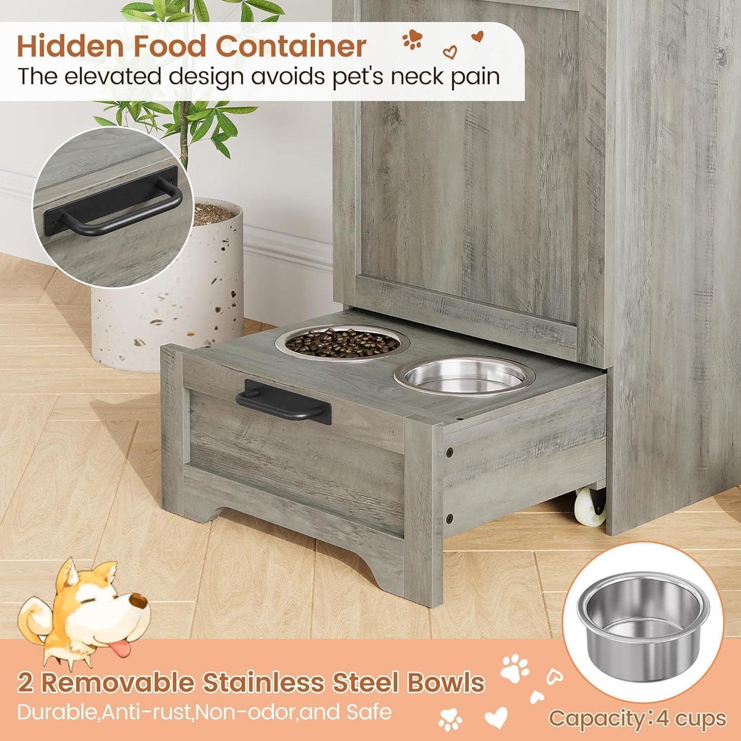 Dog Food Station with Storage,Pet Feeding Station with Raised Bowls,Dog Food Storage Cabinet with Hanger for Feeding