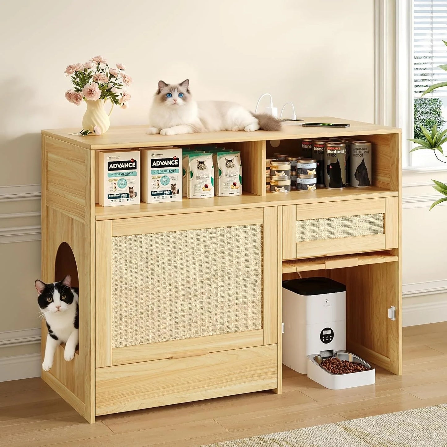 Cat Litter Box Furniture 42'' Hidden Enclosure with Litter Drawer, Litterbox Cabinet with Storage, Boho Rattan Style Indoor Cat