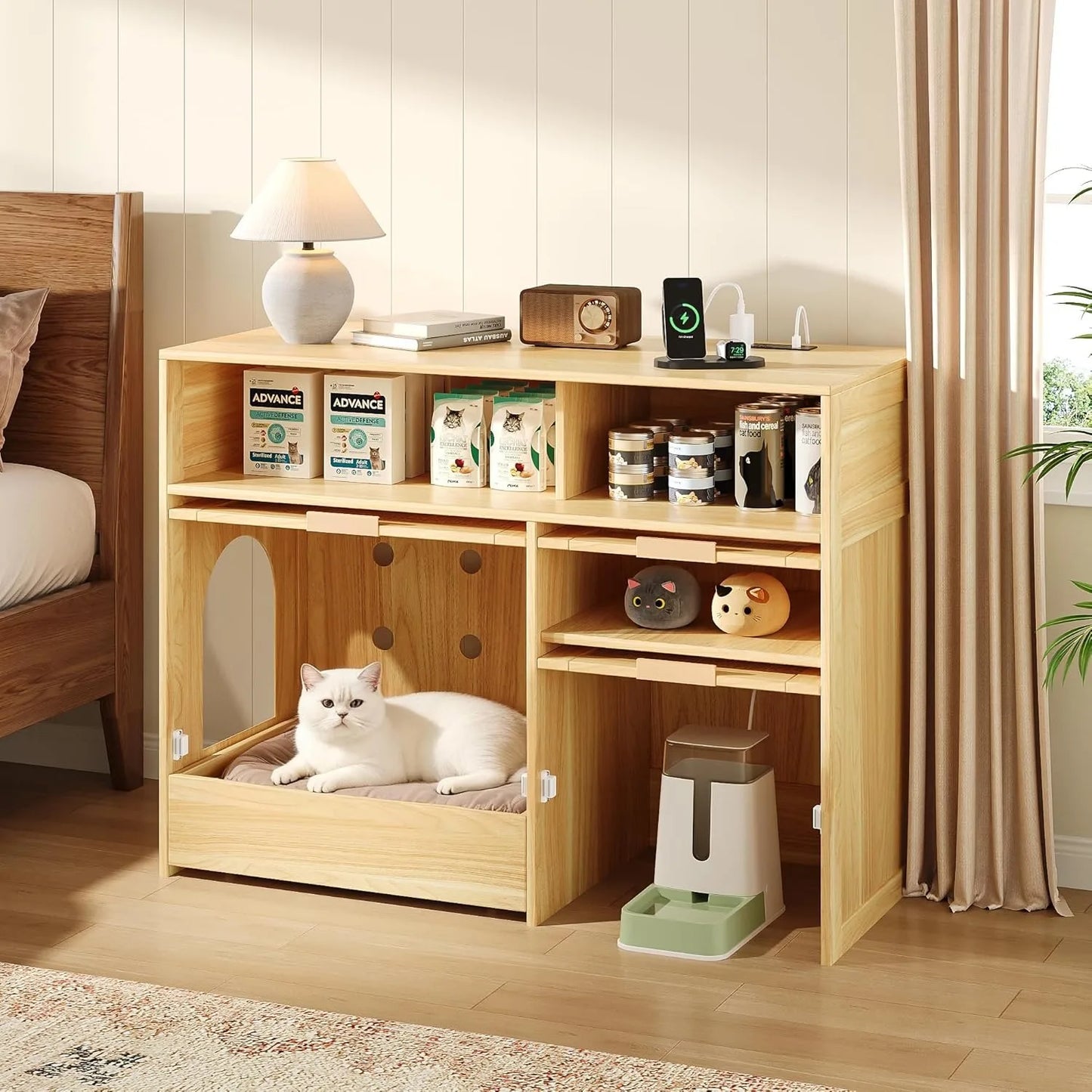 Cat Litter Box Furniture 42'' Hidden Enclosure with Litter Drawer, Litterbox Cabinet with Storage, Boho Rattan Style Indoor Cat