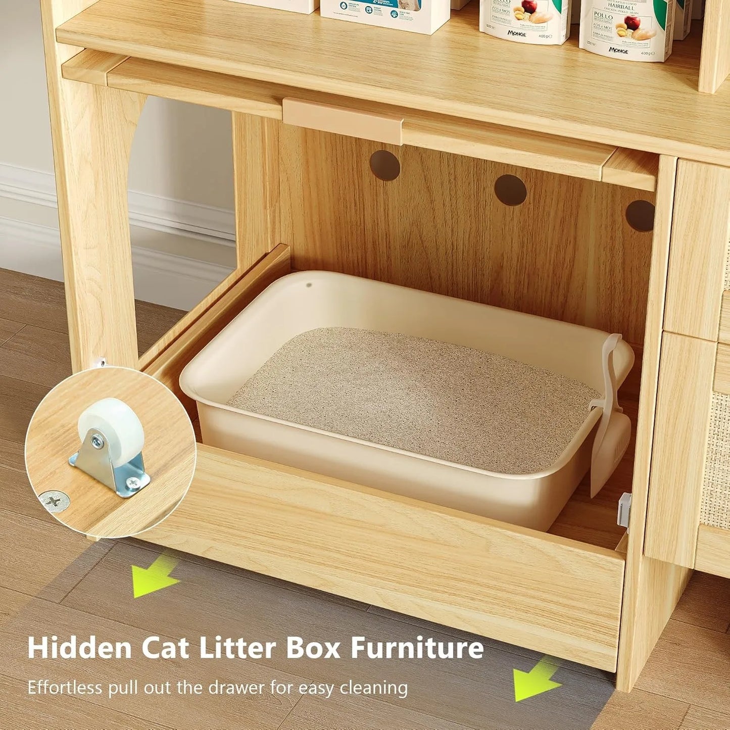 Cat Litter Box Furniture 42'' Hidden Enclosure with Litter Drawer, Litterbox Cabinet with Storage, Boho Rattan Style Indoor Cat