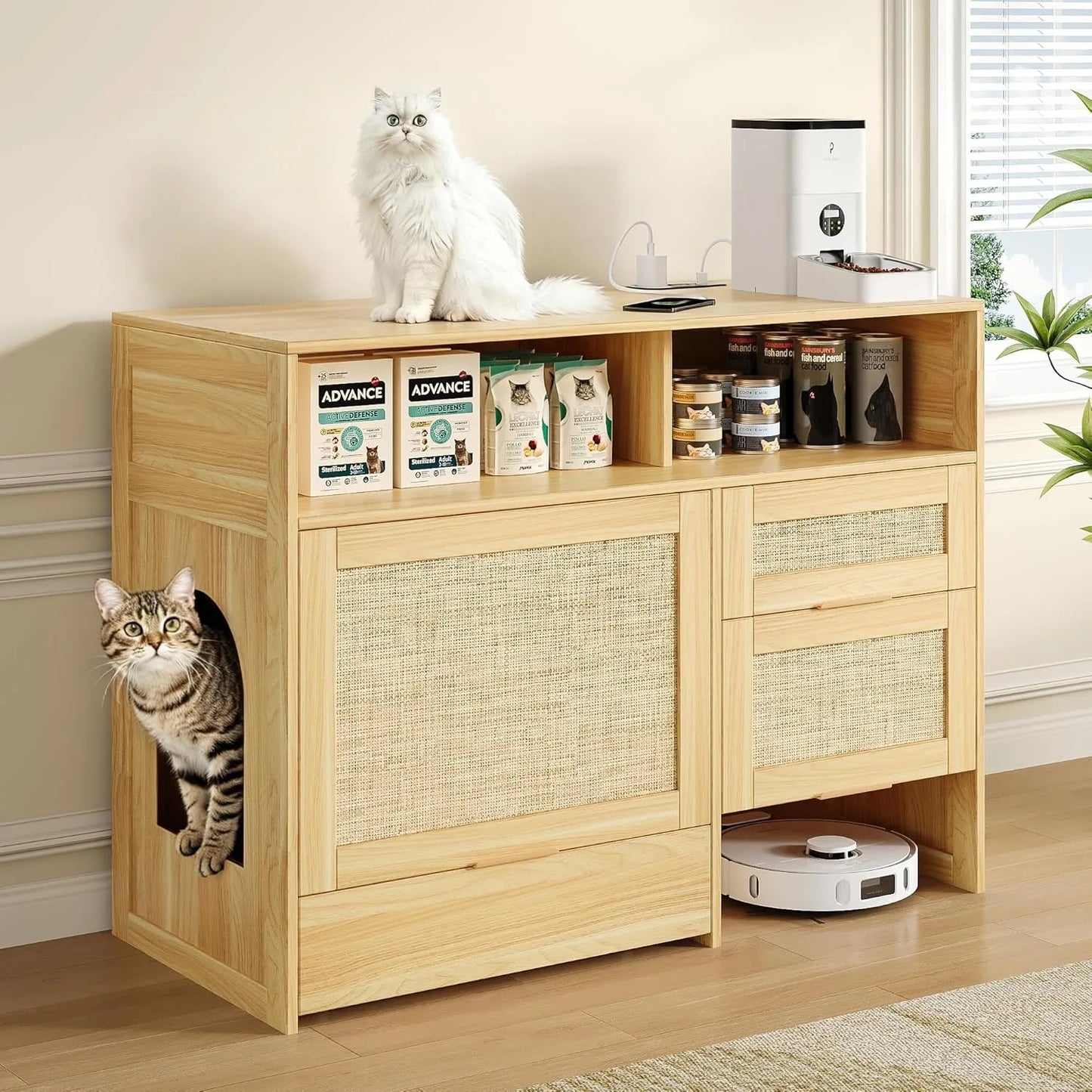 Cat Litter Box Furniture 42'' Hidden Enclosure with Litter Drawer, Litterbox Cabinet with Storage, Boho Rattan Style Indoor Cat