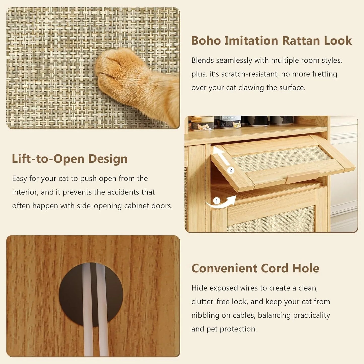 Cat Litter Box Furniture 42'' Hidden Enclosure with Litter Drawer, Litterbox Cabinet with Storage, Boho Rattan Style Indoor Cat