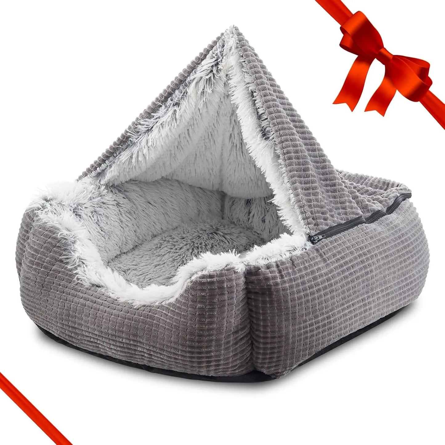 Orthopedic Cave Dog Bed for Medium Large Small Dogs, Hooded Blanket Pet Bed, Washable Cat Bed (25 inches, Grey)